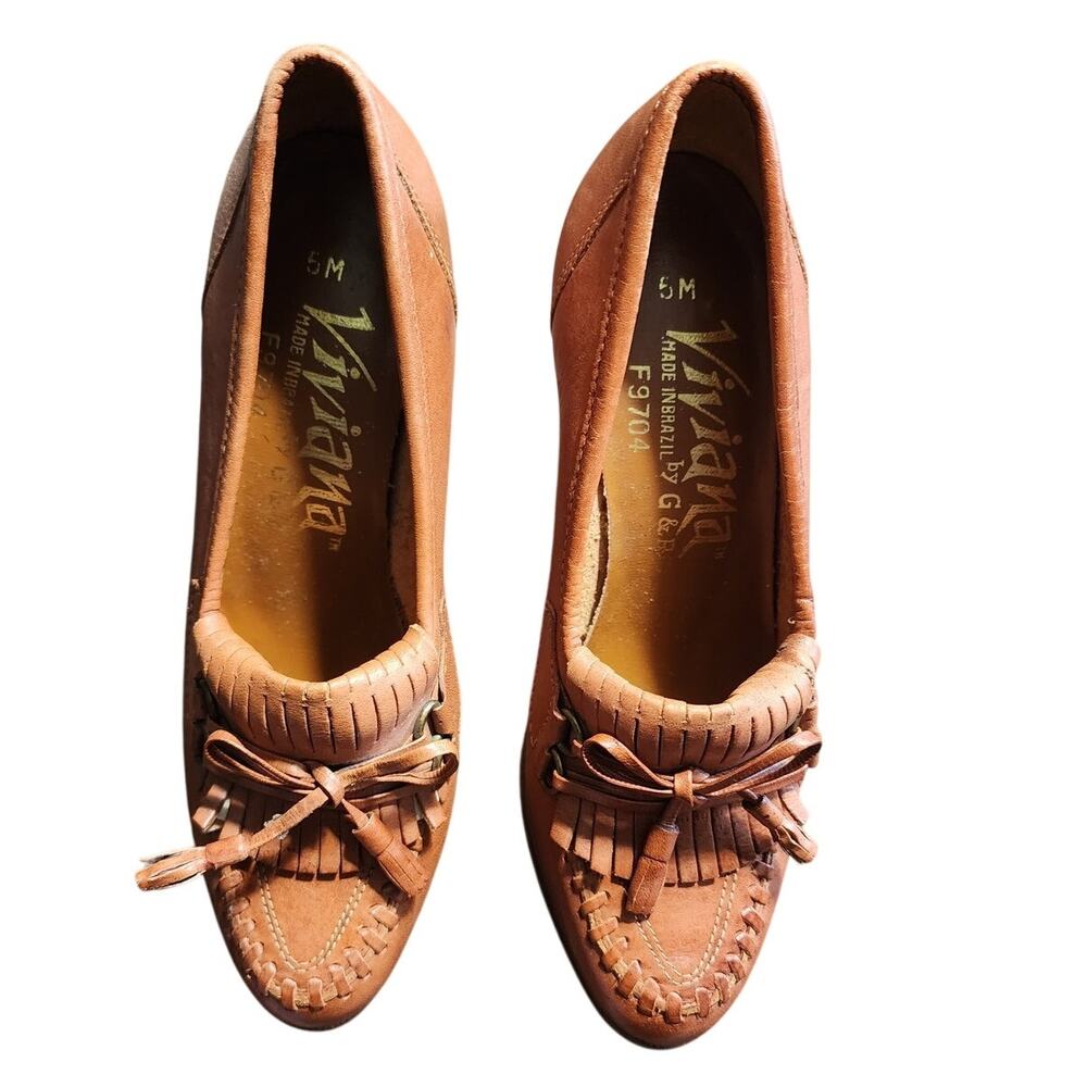 Viviana By G&R Leather Fringe Tassel Heeled Slip On Loafer Shoes Size 5M